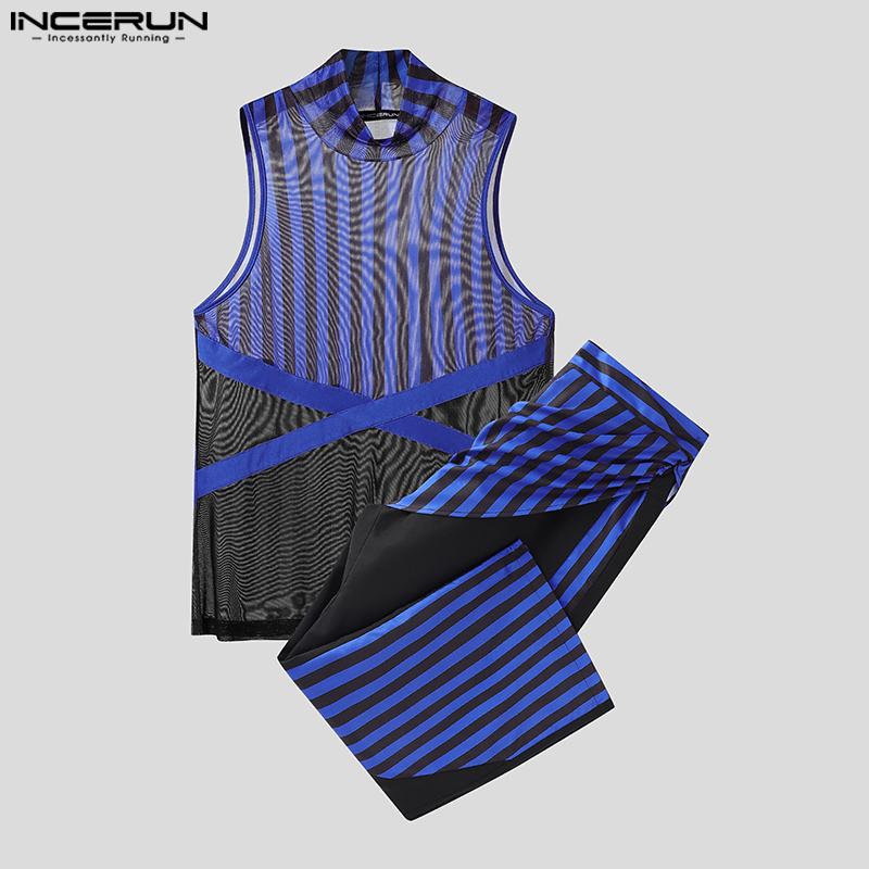 INCERUN 2PCS Men Sleeveless Striped Mesh Sheer Tank Tops Elastic Waist Layers Pants Sets