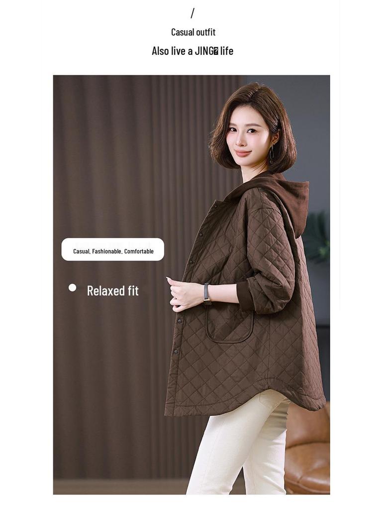 Women's 2024 Autumn/Winter Hooded Cotton Jacket – Loose, Quilted Diamond Pattern, Casual Fashion for Middle-Aged Moms