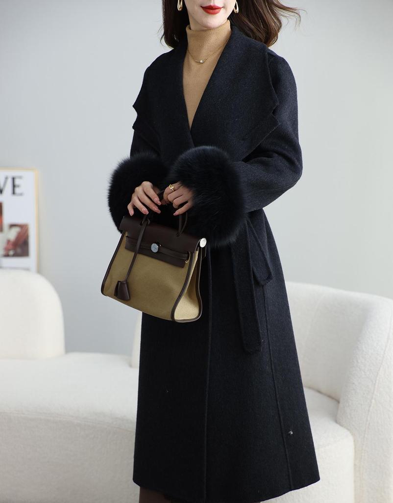 2025 Women's French Double-Faced Wool Coat with Cashmere & Real Fox Fur