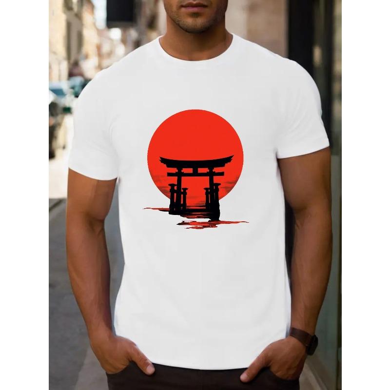 Men'S Casual Short-Sleeve Round Neck T-Shirt Featuring a Silhouette of a Japanese Torii Gate, Made from Micro-Elastic Knitted Fabric