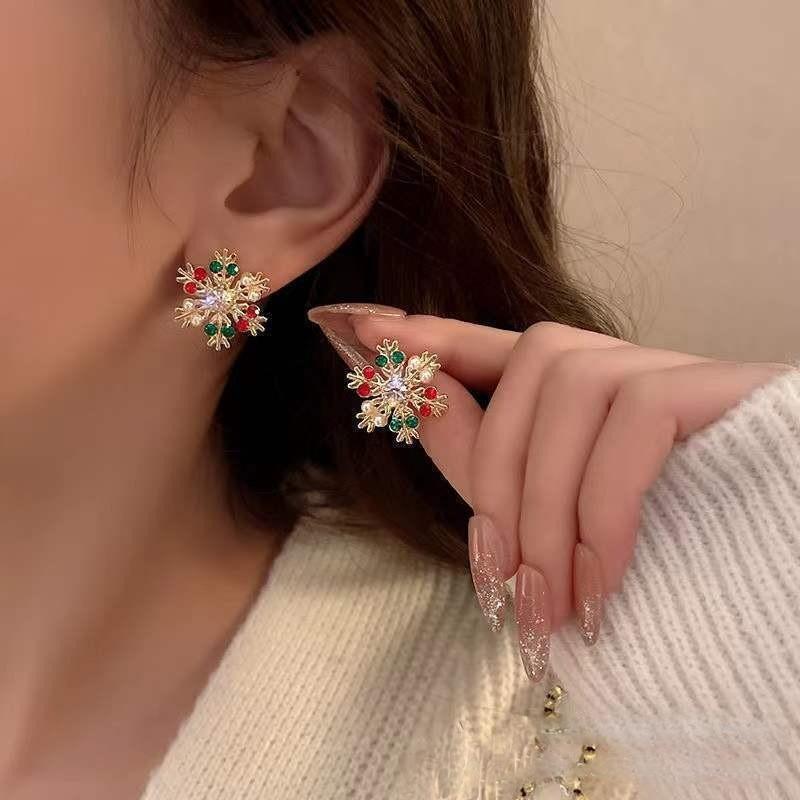 

Winter Holiday Snowflake Earrings In Alloy With Sparkling Decor For Female Celebrations
