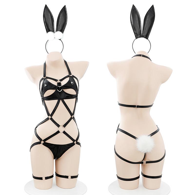 Sexy Bunny Cosplay Leather Bondage Hollow Out Full Body Cage Lingerie Temptation Uniform Naughty Woman Erotic Bodysuit