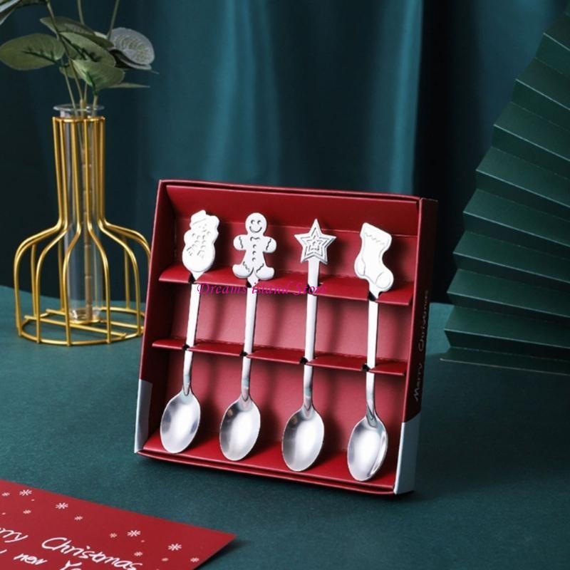 4Pieces Ice Cream Spoons Stirring SpoonS Christmas Themed Stainless Steel Material Coffee Spoons Dessert Spoons 4 Colors HX6C