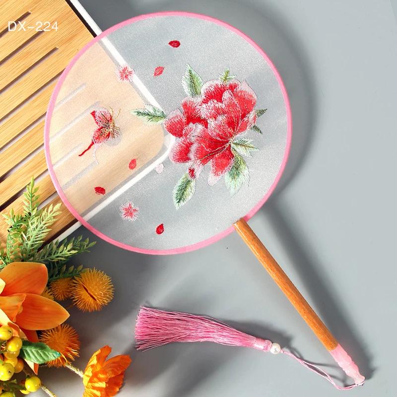 Antique Embroidery Circular Fan Chinese Style Cheongsam Fan Women's Double-Sided Embroidered Transparent round Long Handle Ancient Chinese Clothing