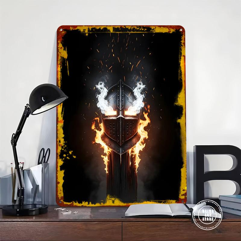 Burning Knight Helmet Printed Poster Customized Wall Art Retro Vintage Metal Tin Signs for Bedroom Decoration Room Decor Men
