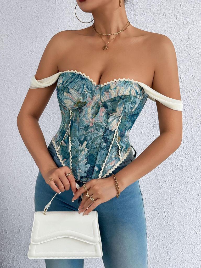 Tao Lina Vintage Print Corset Podkoszulek z Rybim Szkieletem: Damski top bandeau bez rękawów z pięknym tyłem na lato.