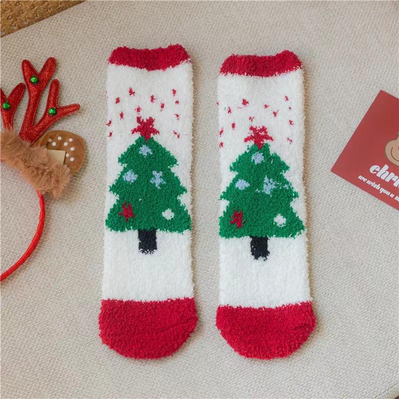 New Christmas socks Children's coral fleece thickened warm home mid-tube floor socks Autumn and winter plush sleep socks