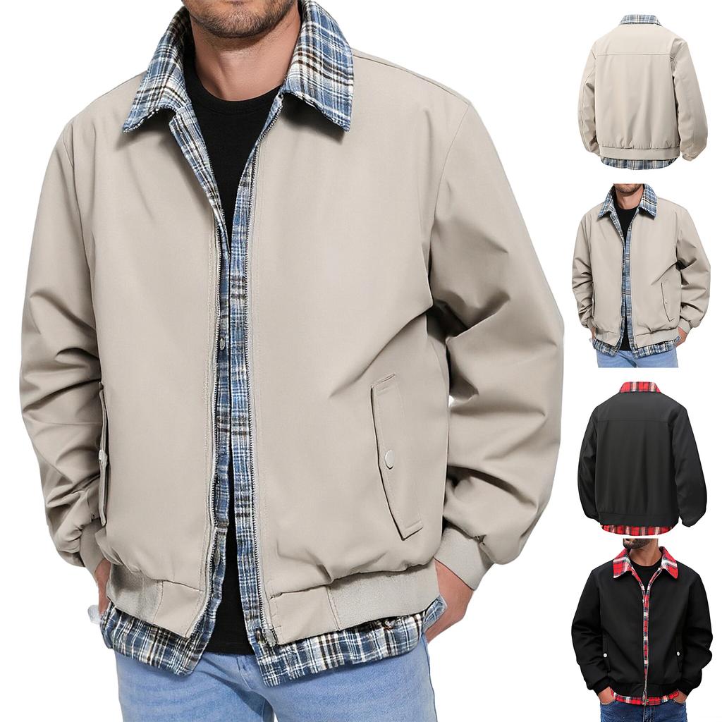 Men's Casual Checkered Lapel Fake Two-piece Jacket, Men's Loose Casual Zipper Jacket