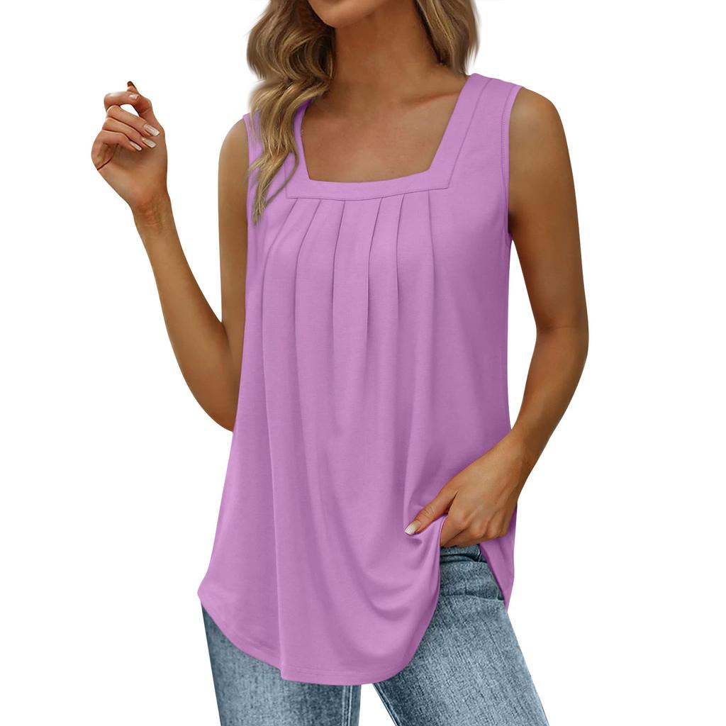 Women's Fashion Sexy Pleated Square Neck Color Sleeveless Vest Top