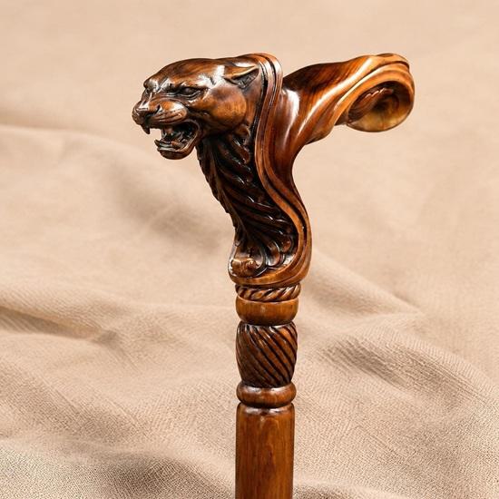 Hand Carved Panther Walking Stick Wooden Jaguar Head Cane Ergonomic Walking Aid Handmade Gift for Men Decorative Staff