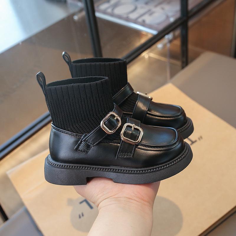 Girls' Black Retro Mary Jane Low-Cut Sock Boots - 2025 Autumn Fashion