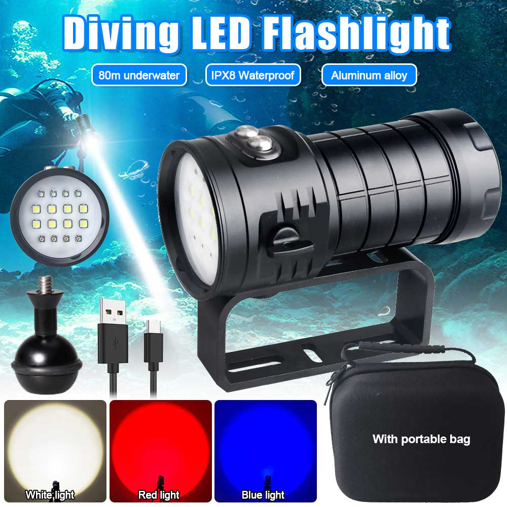 Super Bright Professional Diving Flashlight Underwater photography Light 10000LM COB Lamp Beads Flashlight 80M IPX8 Waterproof