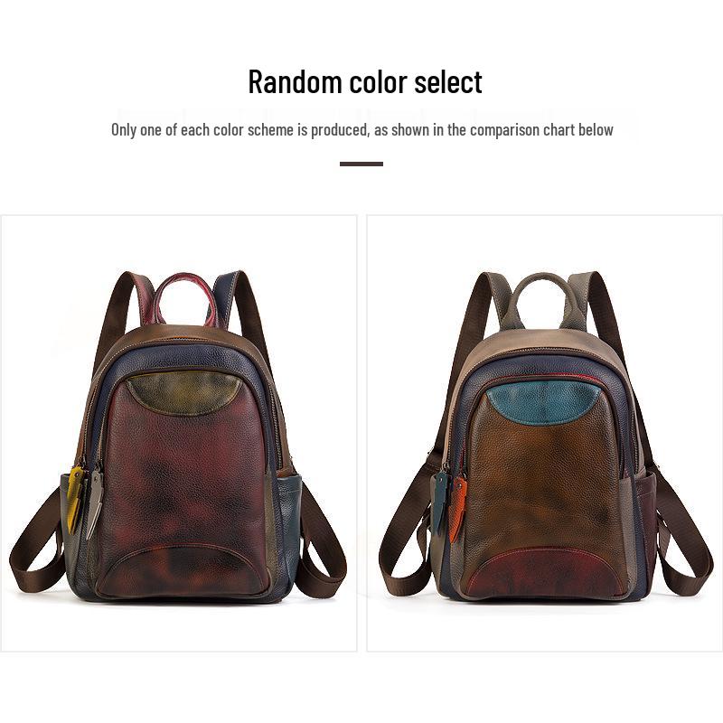 Handmade Color-Blocked Leather Backpack - Soft Cowhide, Large Capacity, Double Shoulder Travel Bag