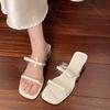 Comemore French Transparent Crystal Chunky Heeled Slippers Women Summer Bowknot Pvc Strap Middle Heel Ladies Sandals Slipper