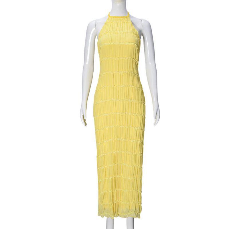 

51618 Fashion Women s Open Back Ruched Fabric Special Dress New Breathable Lace up Lotus Leaf Dress Yellow S