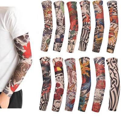 12 kusů tetovacích rukávů Cover Art Falešné tetování na ruku Rukávy na zakrytí pro muže Ženy Nylonový rukáv na paži Elastické ponožky Biker rukáv Halloweenské tetování Hip Hop