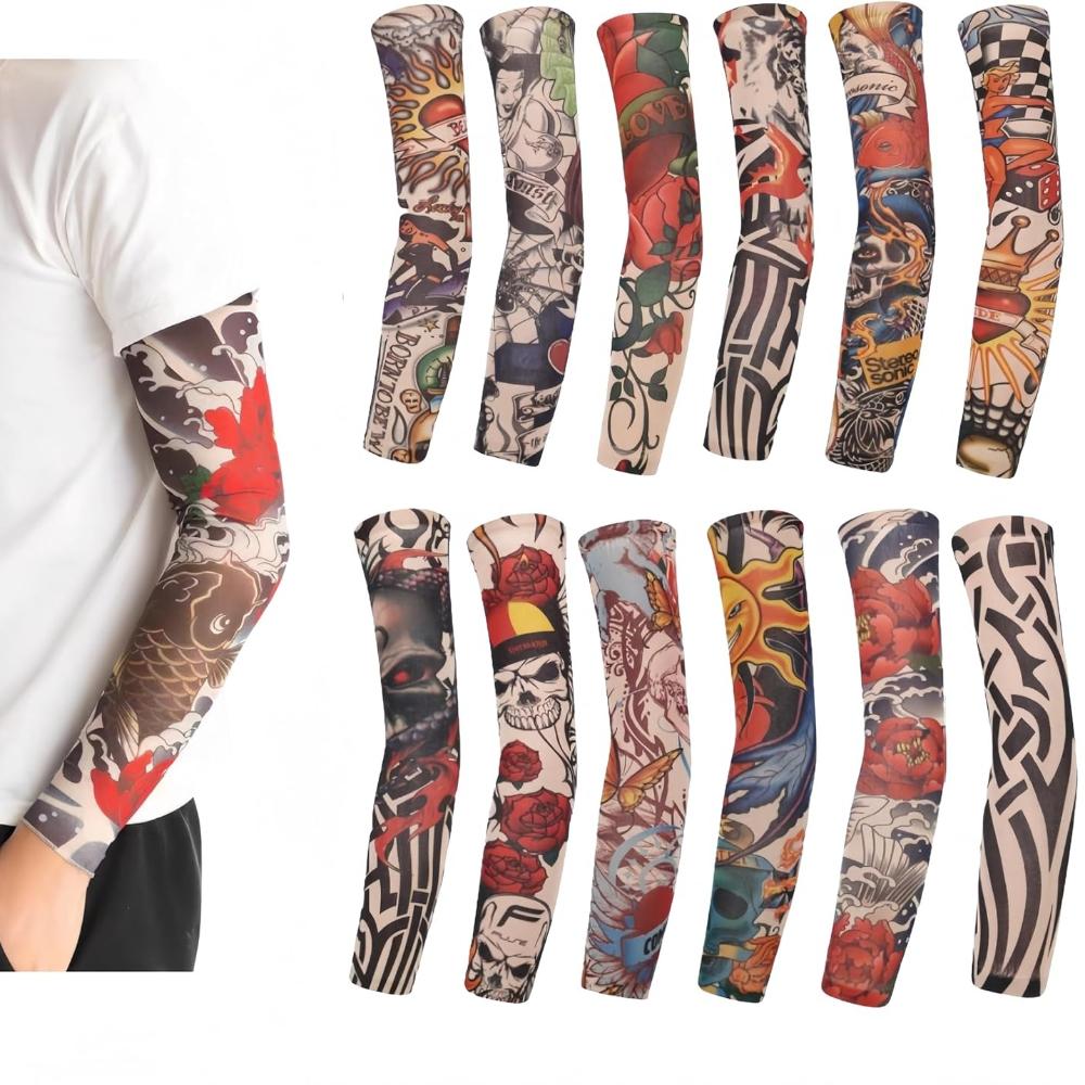 

12 штук Тату рукава Накладки Искусство Поддельные Тату рукава Накладки для мужчин женщин Нейлоновый рукав Эластичные носки Рукав-напульсник Байкер Хэллоуин Тату Хип-хоп