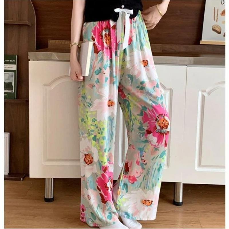 Women Bohemian Floral Print Wide Leg Pants Elastic Waist Casual Trousers Summer