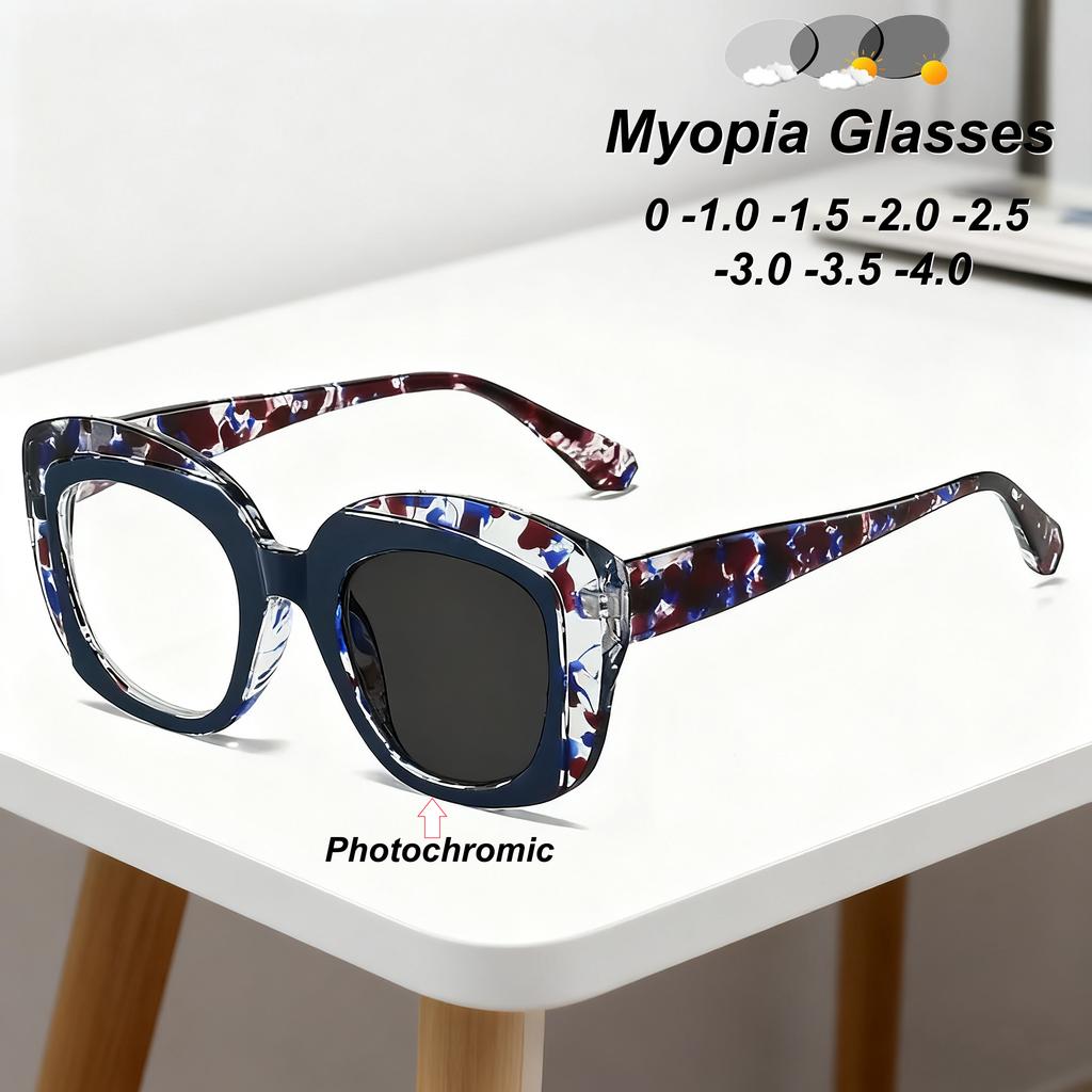 Vintage Large Frame Photochromic Women's Myopia Glasses Neutral Anti Blue Light High Quality
