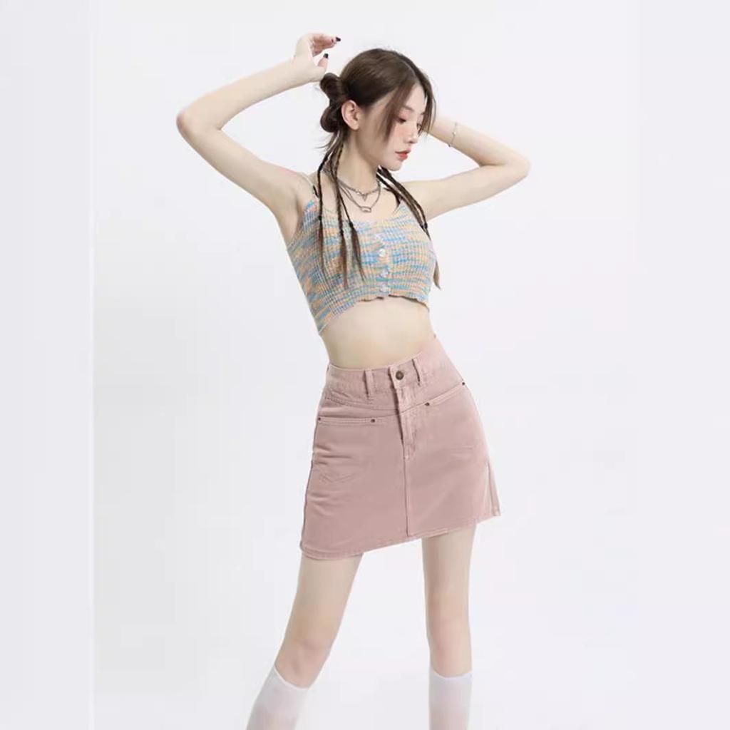 Falda Vaquera de Verano para Mujer Rosa Sucio Cintura Alta Corte A - Ajuste Slim, Anti-Exposición, No Elástica.