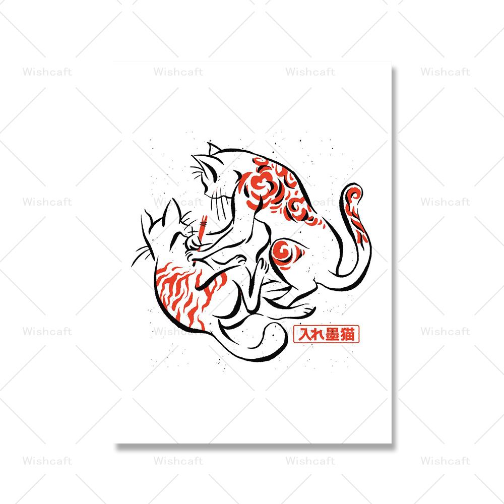 Grim Tattoo Cat on Red Sun Canvas Painting Funny Cute Cat Samurai Poster Print Kids Bed Home Room Wall Art Decoration Pictures