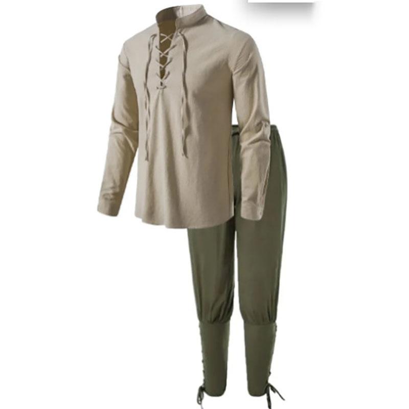 2Pcs Men's Medieval Knight Costume Set Renaissance Cosplay Pirate Shirts Ankle Banded Pants for Halloween Cotton Linen Fabric