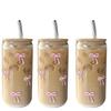 500ml Cute Bow Glass Cup Bow Bear Pattern Water Bottle Coffee Cups With Lids Straw Brush Valentine's Day Party Gift