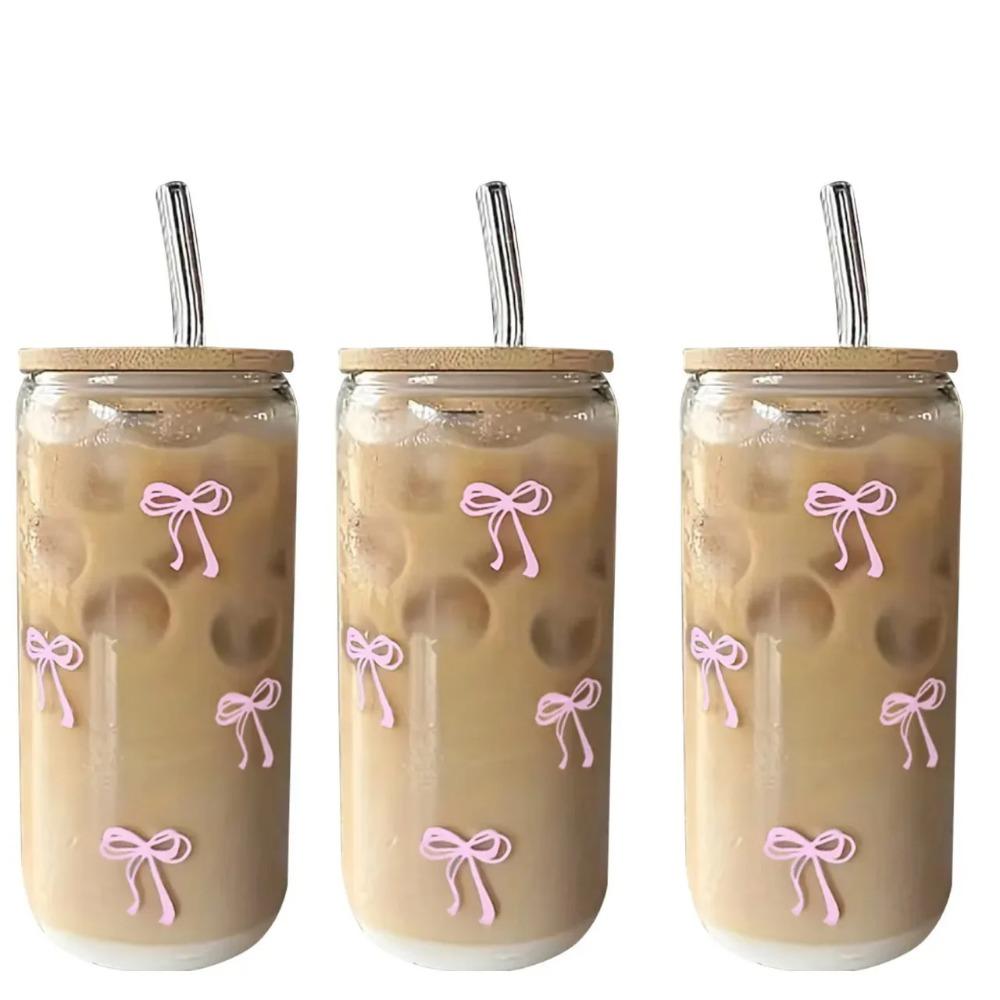 500ml Cute Bow Glass Cup Bow Bear Pattern Water Bottle Coffee Cups With Lids Straw Brush Valentine's Day Party Gift