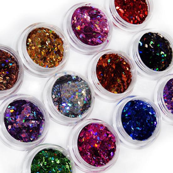 12 barev Nail Art 3D kosočtverec Třpytivý tvar Flitry Pudr Nehty Tip Dekorace