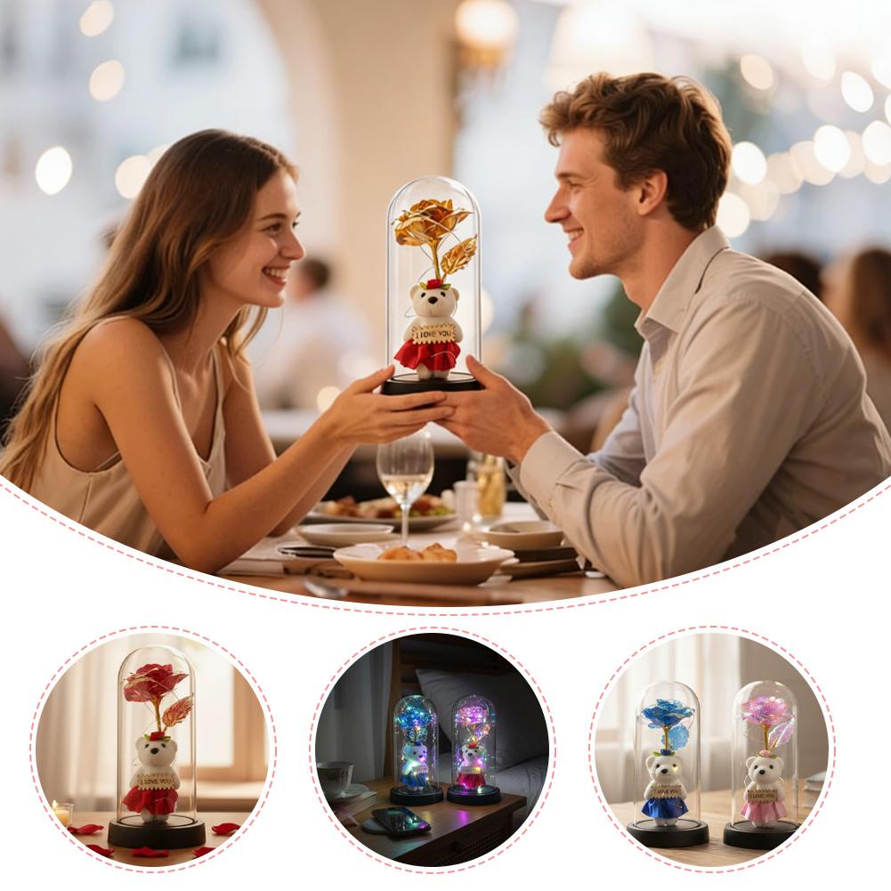 Eternal Gold Foil Rose Bear With Acrylic Cover Colorful Creative Golden Gift Valentine's Decoration Day Bouquet Ornament P5M7