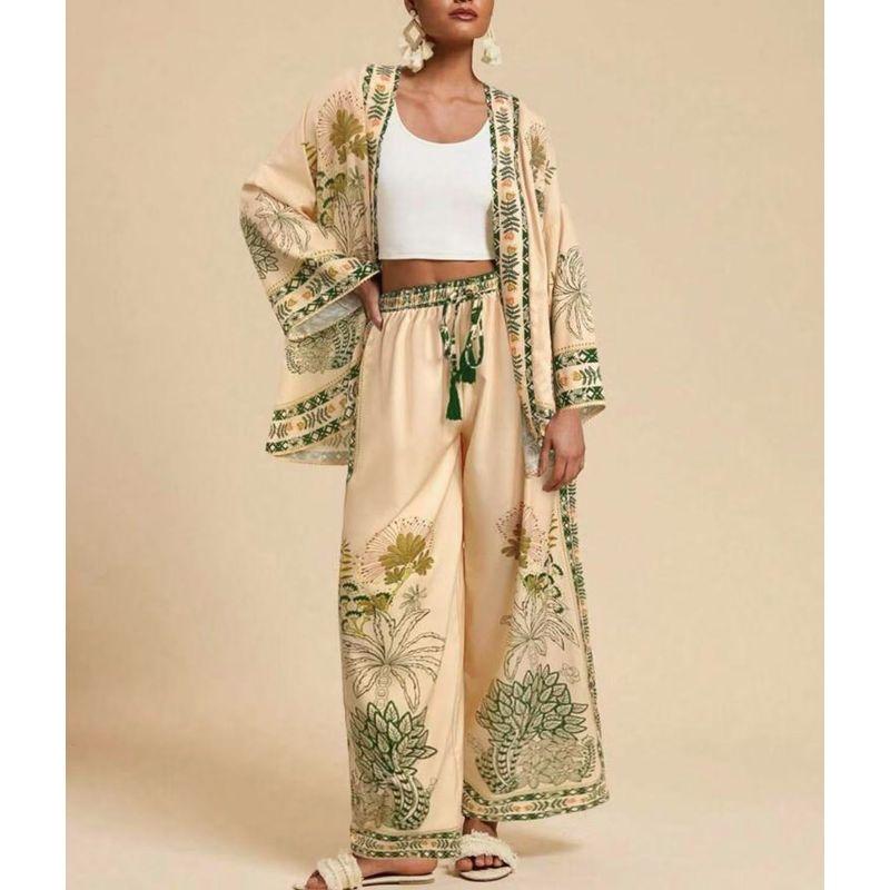 

Printed Two-Piece Set European and American Autumn Women Loose Cardigan Long sleeve Print Wide Leg Pants Set Green L