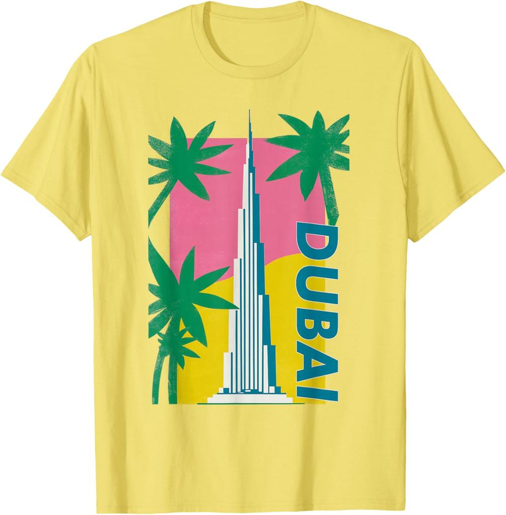 Dubai Burj Khalifa Palm Tree Retro Graphic Tee Men Casual Cotton TShirt