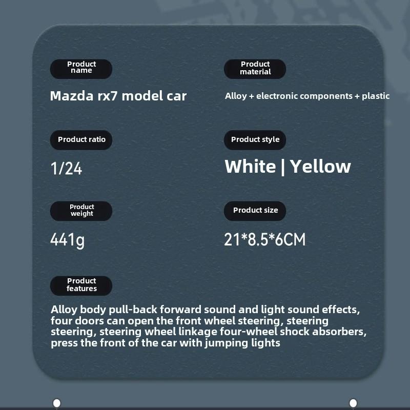 1:24 Mazda RX7 RX-7 supersportsbil lyd og lys pull-back samling ornamenter simulering støpt modellbil støping barneleke gutt gave