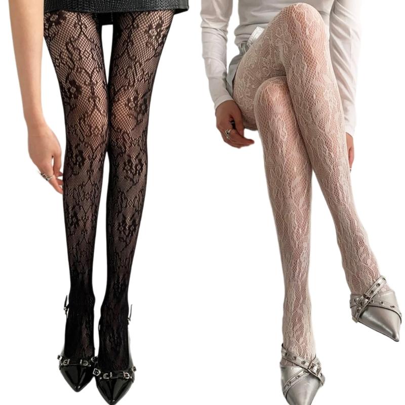 Women French Style Sexy Hollowed Sheer Fishnet Pantyhose Vintage Flower Jacquard Patterned Leggings JK Girl Lace Tights