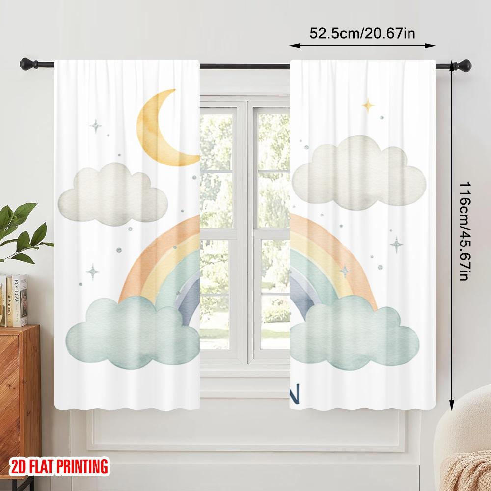 2pcs 2D Flat Printing Curtains Cute Rainbow Cloud Moon Polyester Without Electricity Party Decorations for Indoor Celebrations