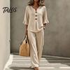 Breathable Summer Pants 2 Piece Sets for Women, Casual Ruffle 3/4 Sleeve Buttons V Stretchy Waist Neck Top And Wide Leg Matching Set, Loose