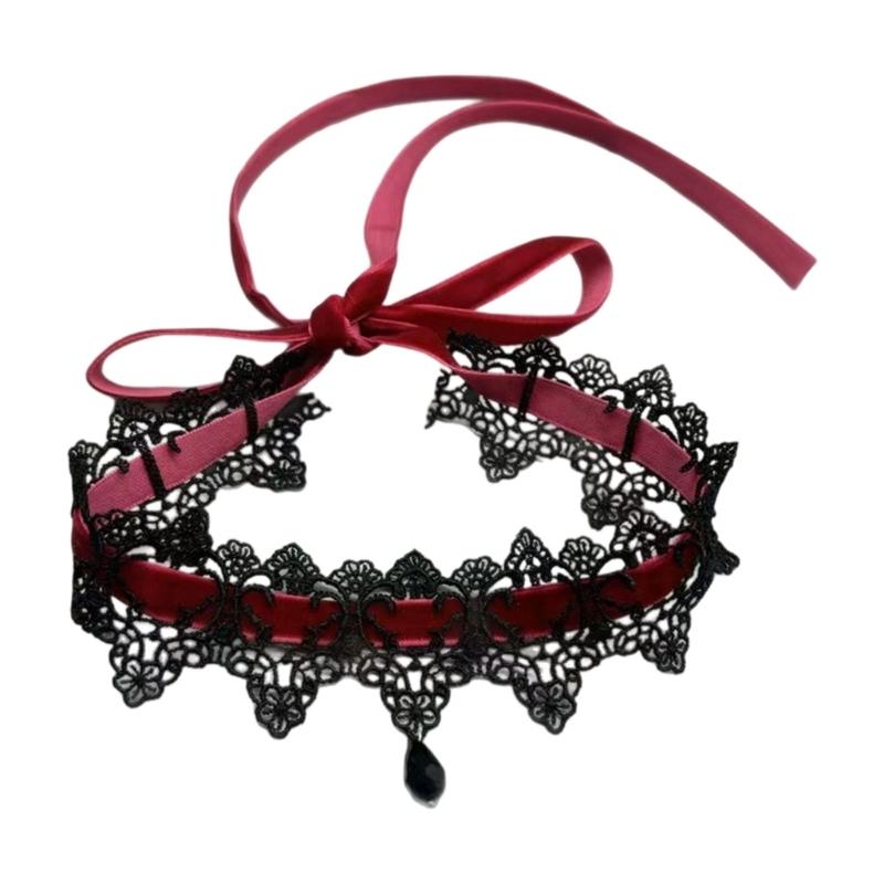 Feminine Lace Chokers Neckband Adjustable Tie Design 16g Light Acrylic Jewelry Black Red Color Options For Women