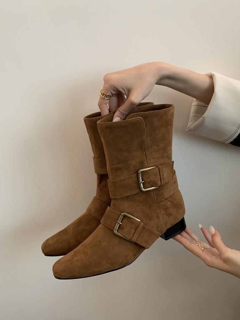 Cowhide Version~ Retro French Thick Heel Short Boots Women's Boots 2025 New Korean Version Medium Tube Boots Small Square Head Western Boots