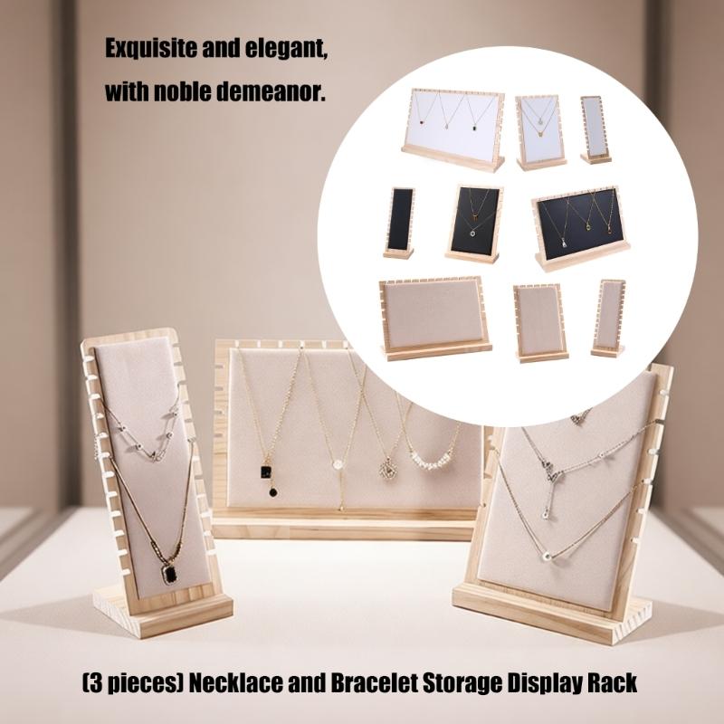 Pack of 3 Natural Wood Jewelry Organizers Stand for Necklace and Bracelet Presentation in Shops or Homes