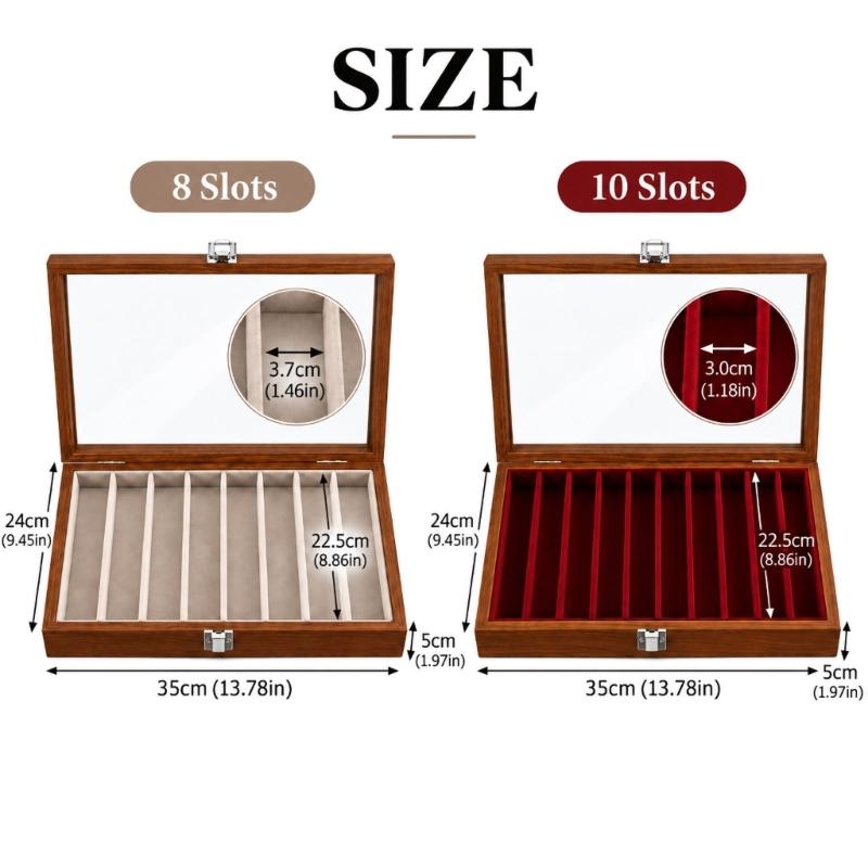 Necklace Storage Display Box with Clear Glass Lid, Separate Long Compartments, Front Clasp and Black Walnut Pattern