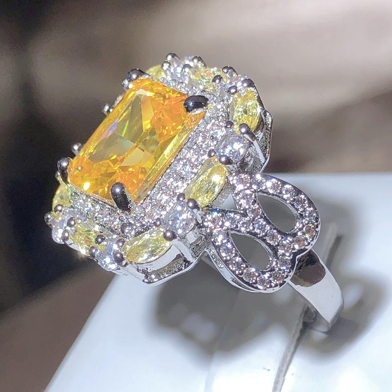 Gorgeous Square Yellow CZ Women Ring Bright Vintage Party Female Elegant Accessories High Quality Jewelry