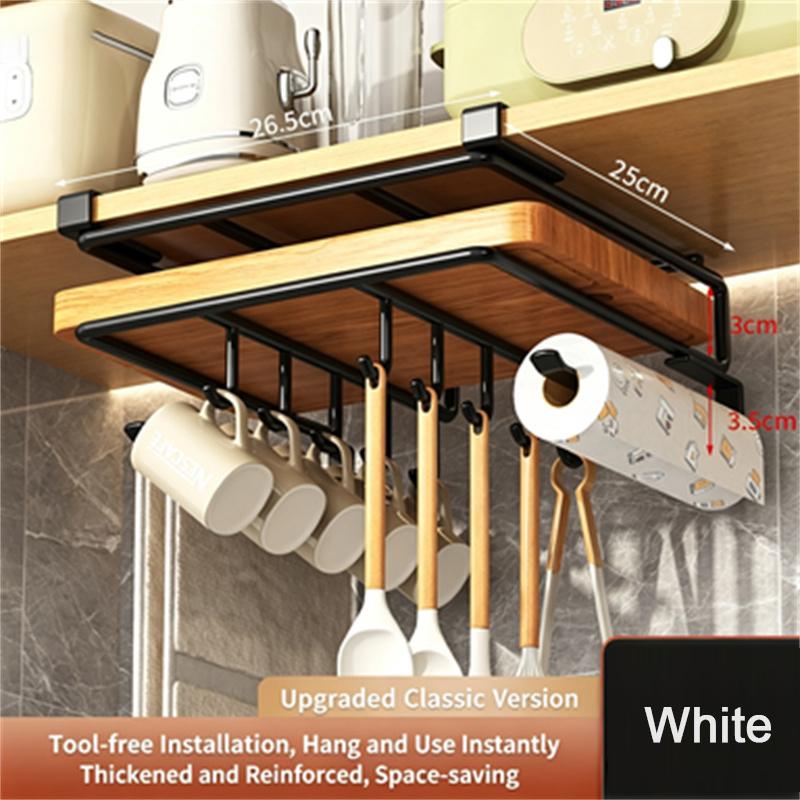 Kitchen Under Cabinet Hanging Organizer Rack with Hooks Multi-Purpose Holder for Paper Towel Cutting Board & Pot Lids
