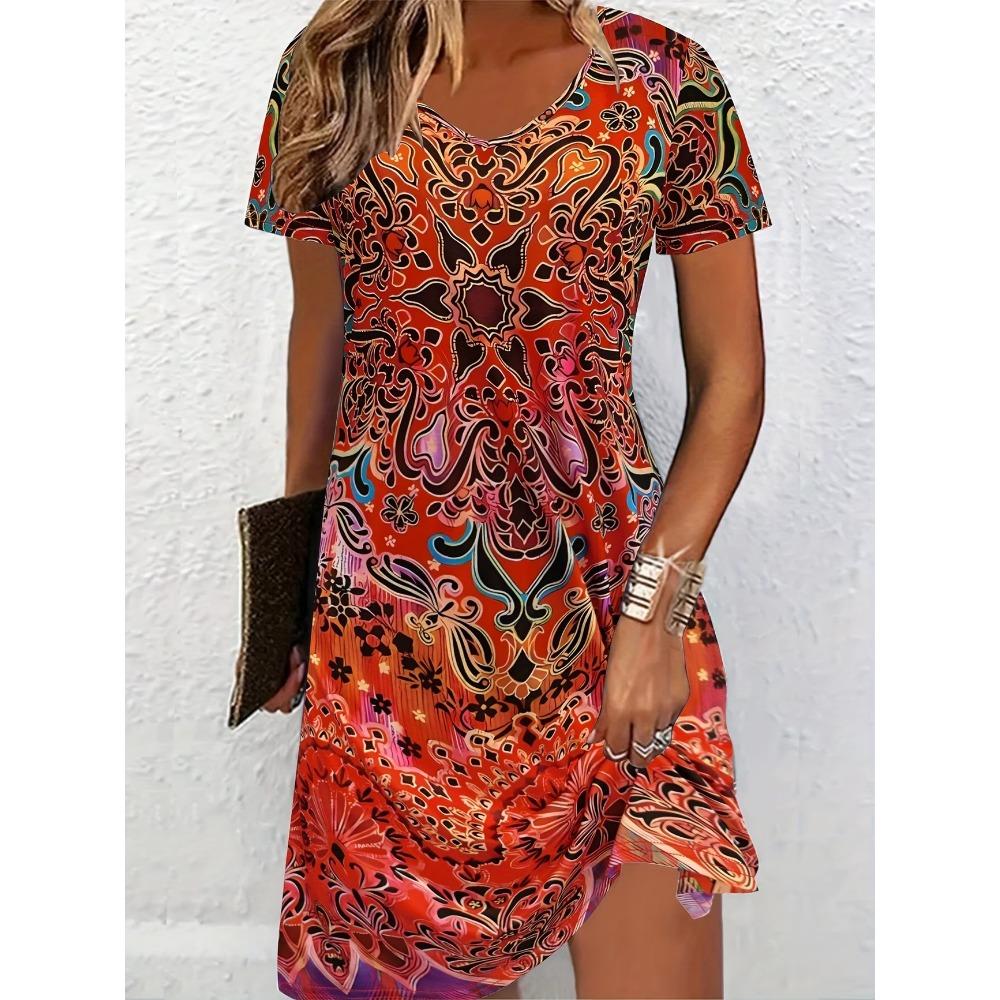 Large Size Women's Summer Casual Dress, Short Sleeved V-neck Floral Print Dress