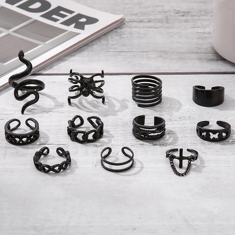 Gun Black Snake-shaped Spider Joint Ring Exaggerated Punk Style 11-piece Set