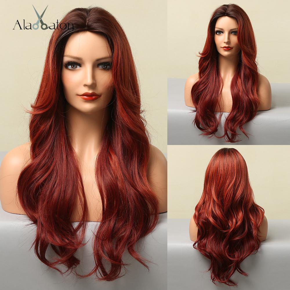 ALAN EATON Long Water Wave Wig Middle Part Red Brown Orange Copper Heat Resistant Synthetic Hair Wigs for Women African American