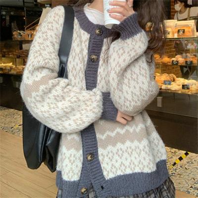 Women Autumn Winter Geometric Pattern Sweater Coat Long Sleeve Single Breasted Patchwork Color Knitting Cardigan Outwear