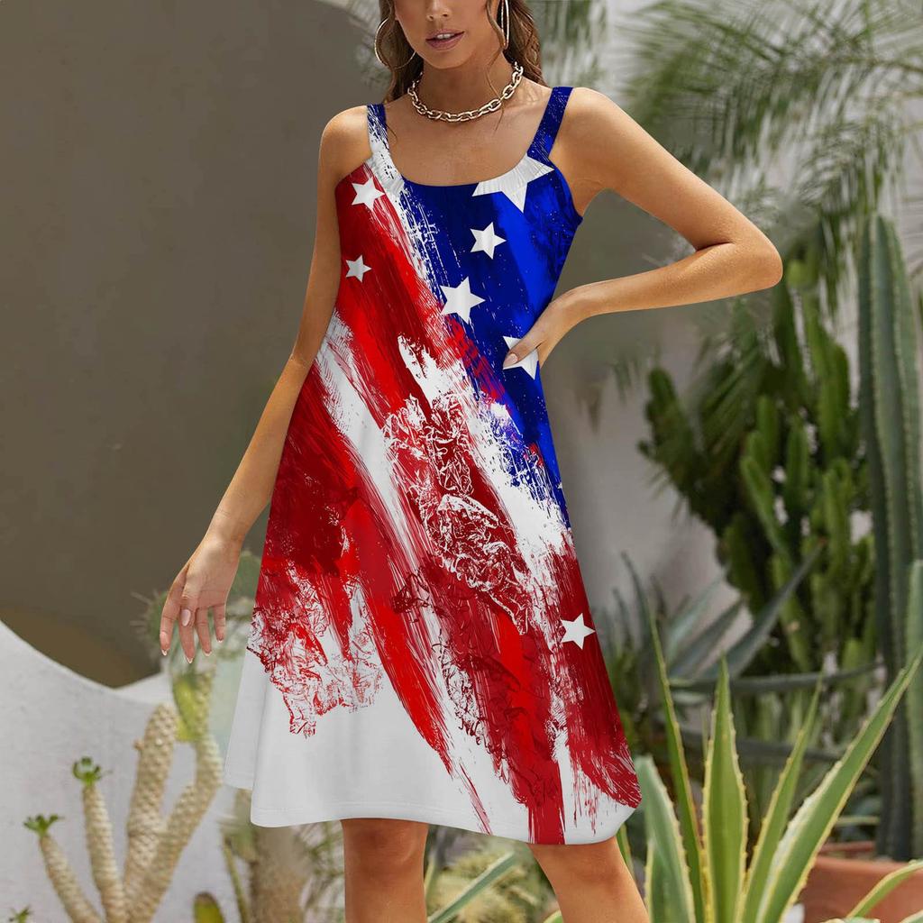 Women's Fashion Summer Beach Casual Print Sleeveless Cute Mini Sling Dress