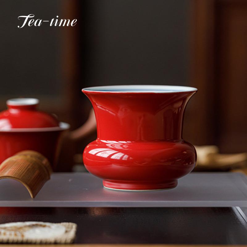 Hand Painted Ceramic Jianshui Forbidden City Red Tea Washing Bowl Residue Jar Water Bucket Chinese Big Pretty Bowl Tea Ceremony
