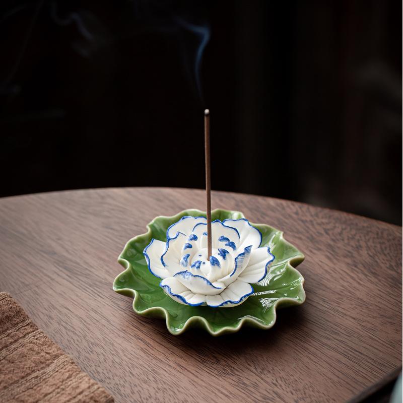 Ceramic Lotus Incense Holder with Leaf-Shaped Base for Home Meditation and Aromatherapy Decorative Use