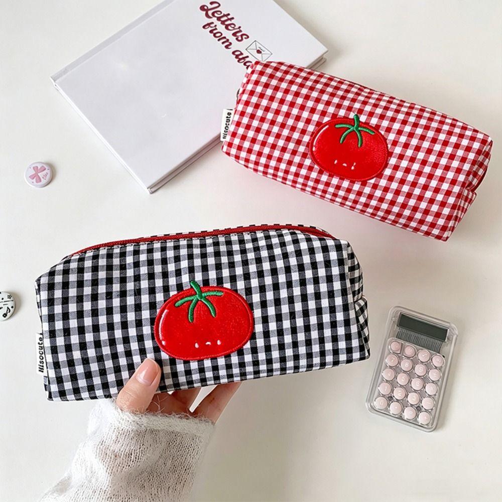 Tomato Gingham Makeup Bag Canvas Cosmetic Bag Cartoon Pencil Case  Students